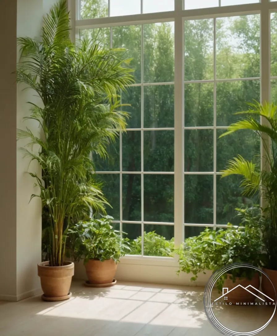 A serene natural oasis with minimalist greenery and sunlight pouring.