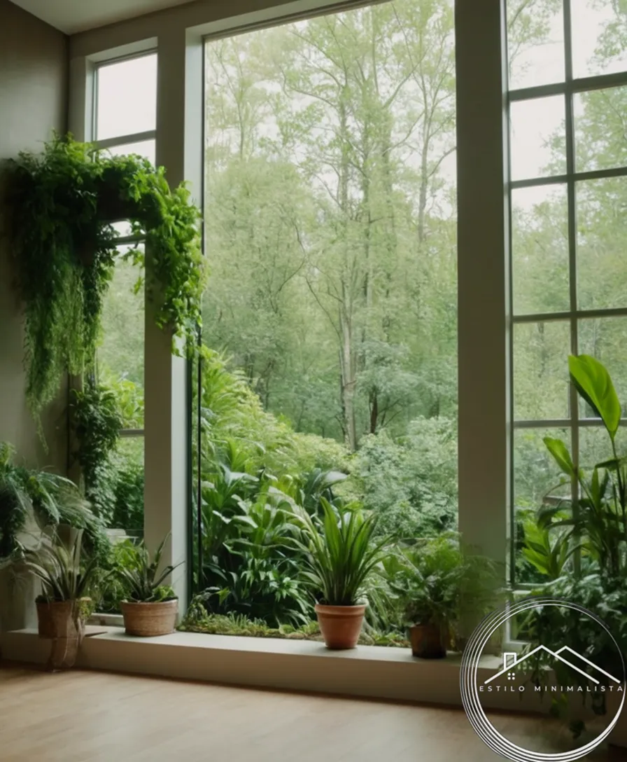 A serene natural space with minimalist, lush greenery accents indoors.