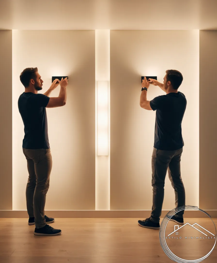 2 individuals installing minimalistic wall lights safely indoors.