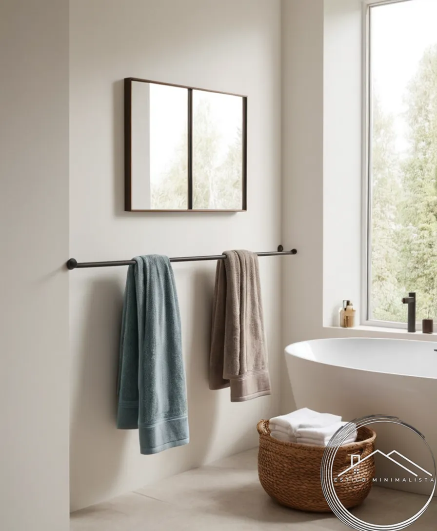 3 minimalist towel racks and hooks in a stylish bathroom.