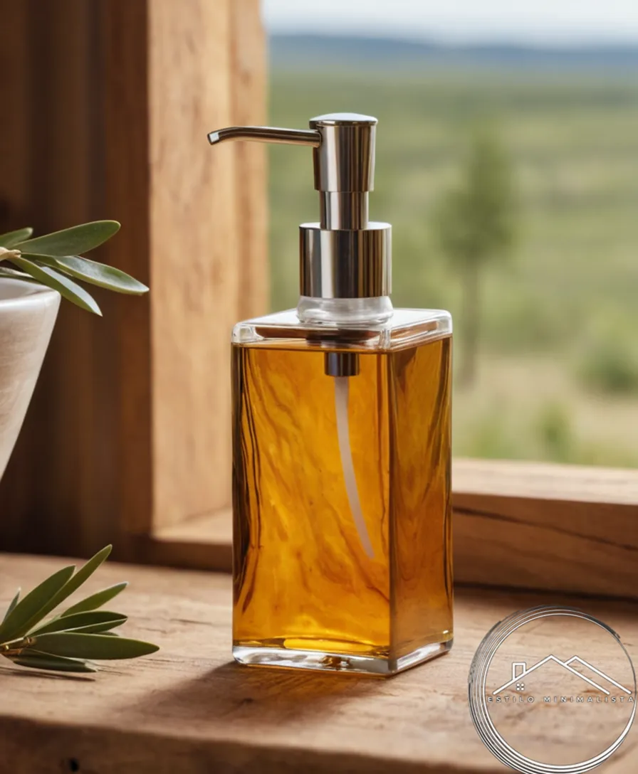 A minimalist olivewood soap dispenser on a rustic background.