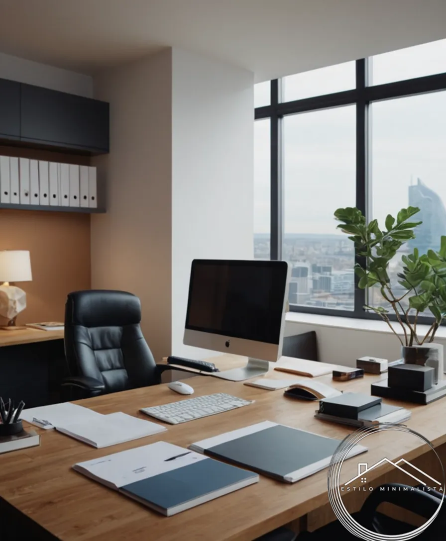 A cluttered office space transformed into a minimalist workspace.