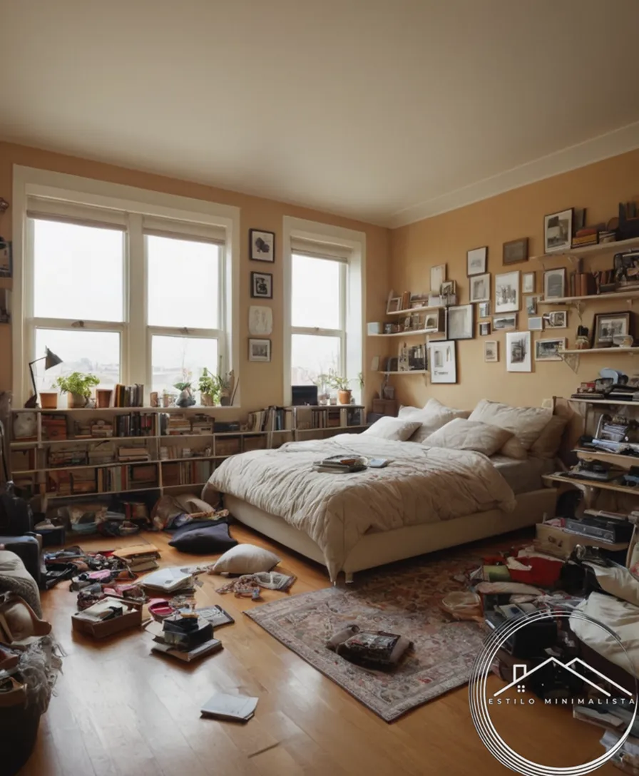 A cluttered room transforming into an organized peaceful living space.