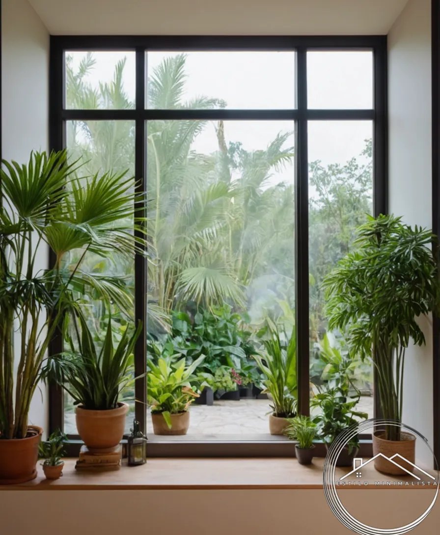 Serene home decor reflecting simplicity and harmony surrounded by plants.