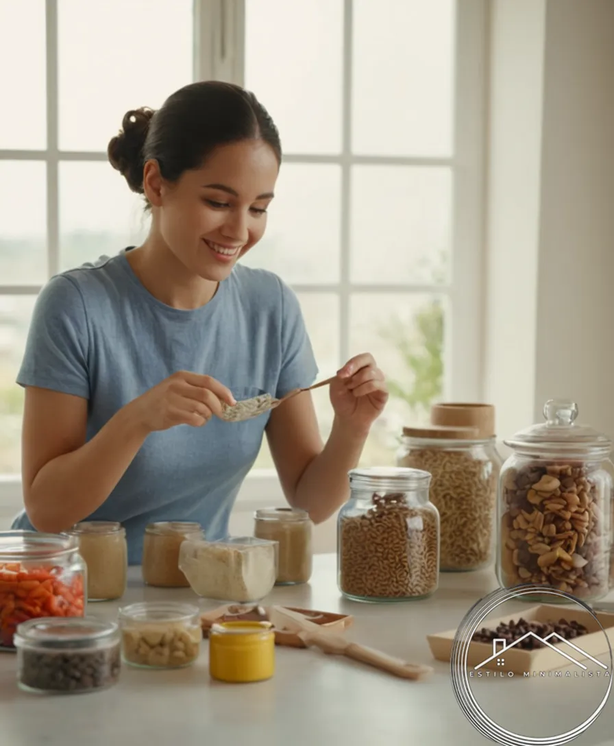 a serene person organizing joyful small items, with gentle background colors.