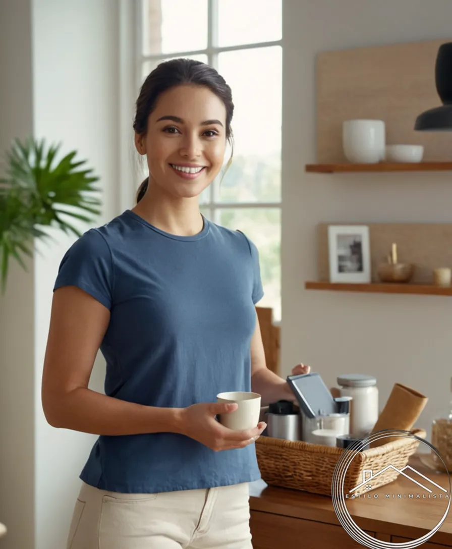 A tidy room with serene background and smiling person holding few items.