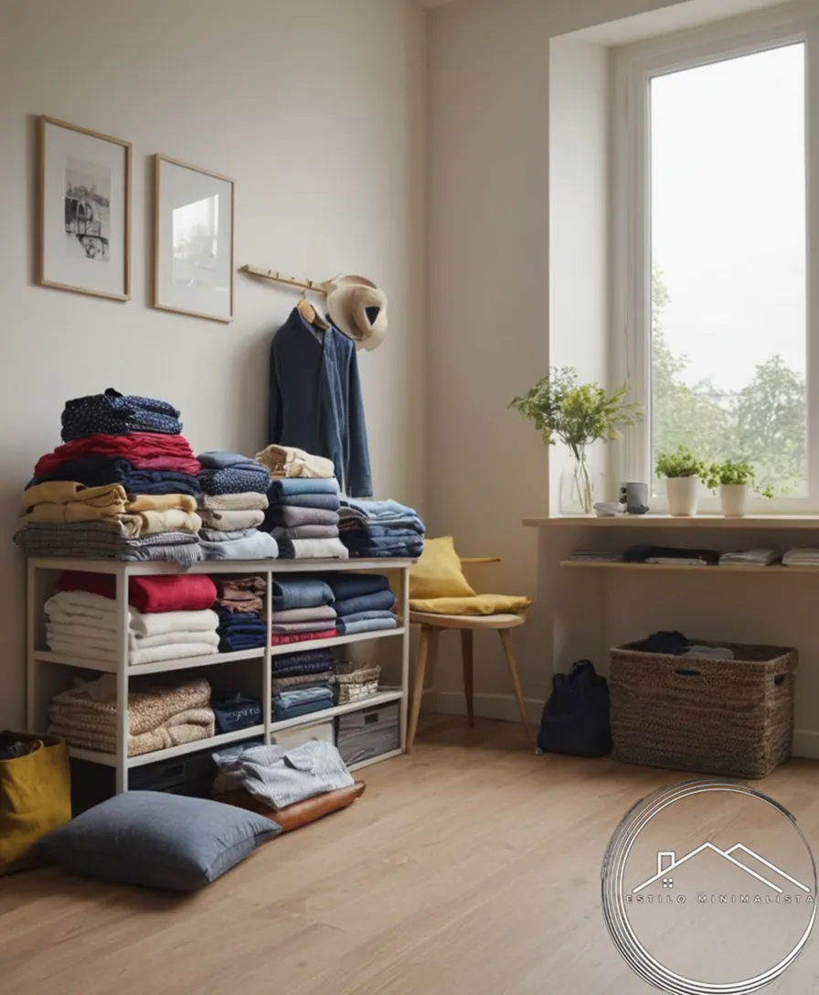 tidy room or workspace with folded clothes and accessories.