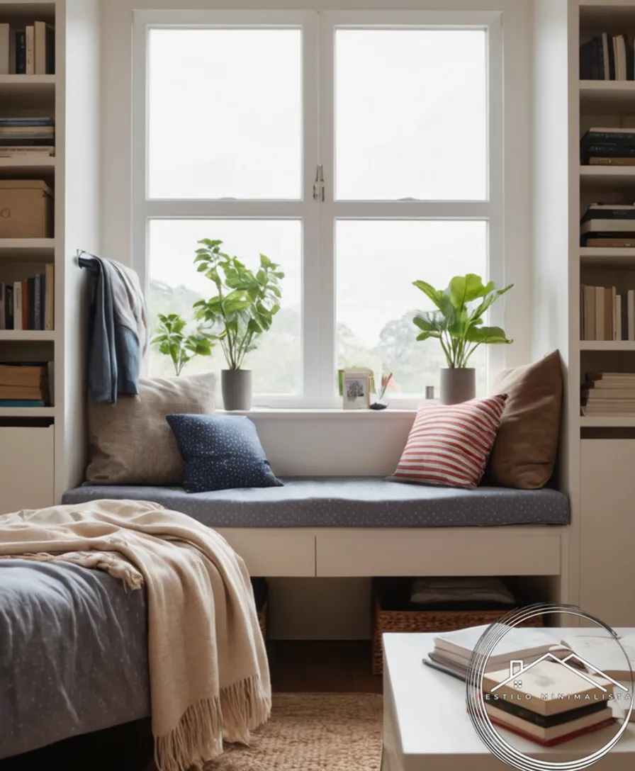Organized living space with tidy clothes and books stored.