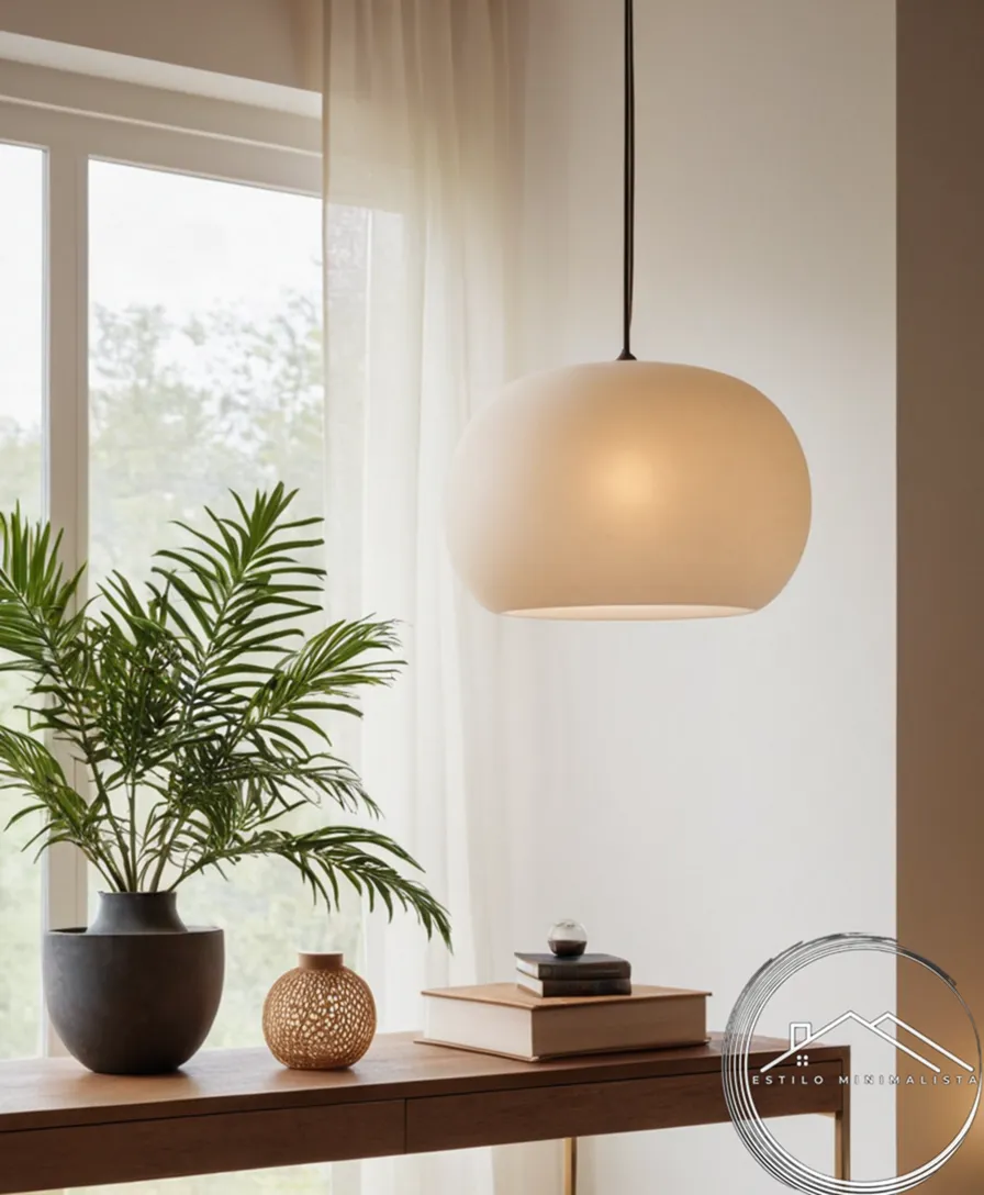 A simple, minimalist hanging lamp above a Japandi-style console table.