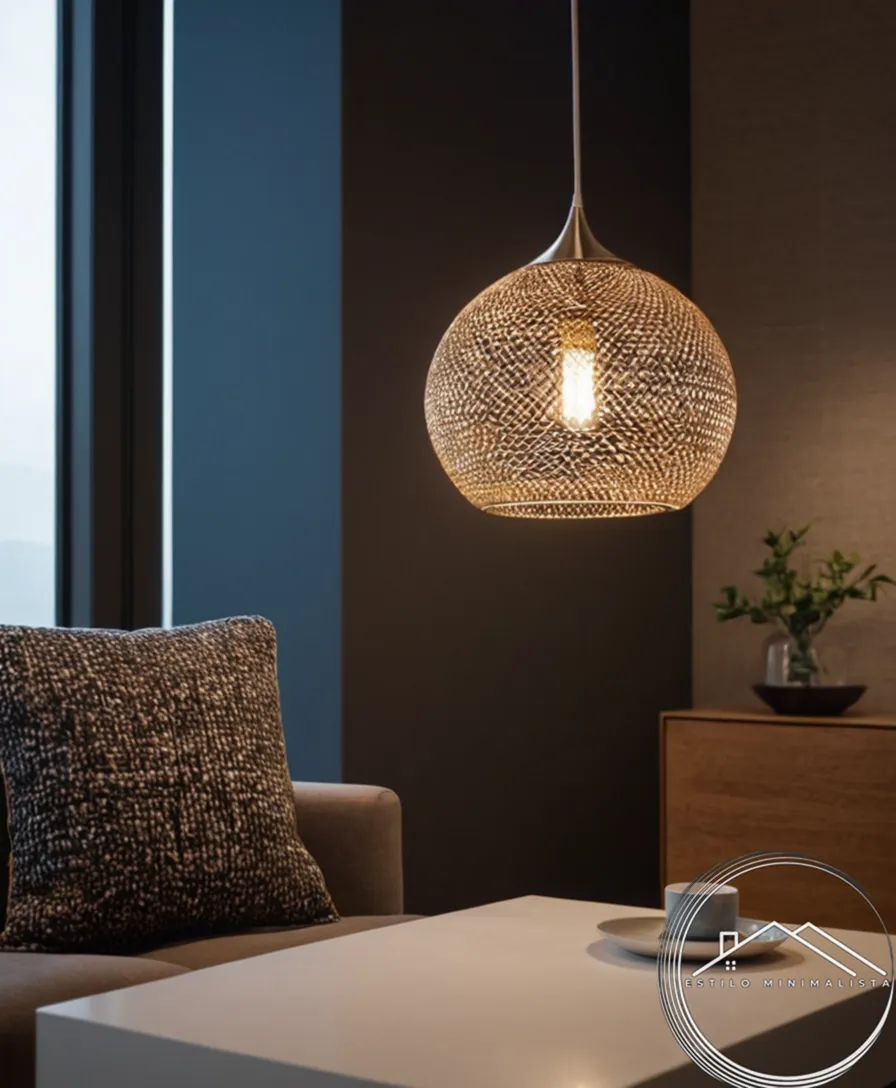A stylish, minimalist pendant lamp in a modern living room.