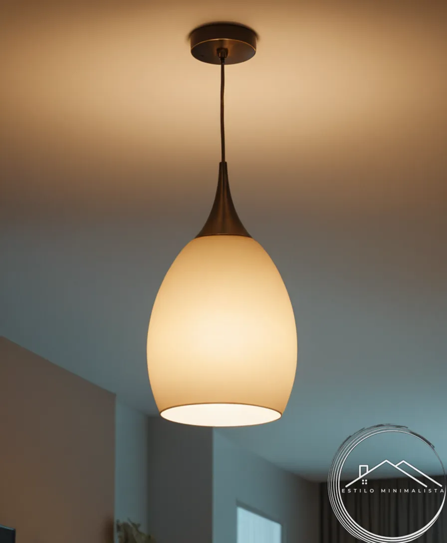 A minimalist lamp hanging from a ceiling in a home.