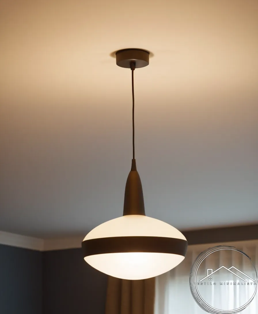 A minimalist pendant lamp hanging from a bright, neutral-colored ceiling.