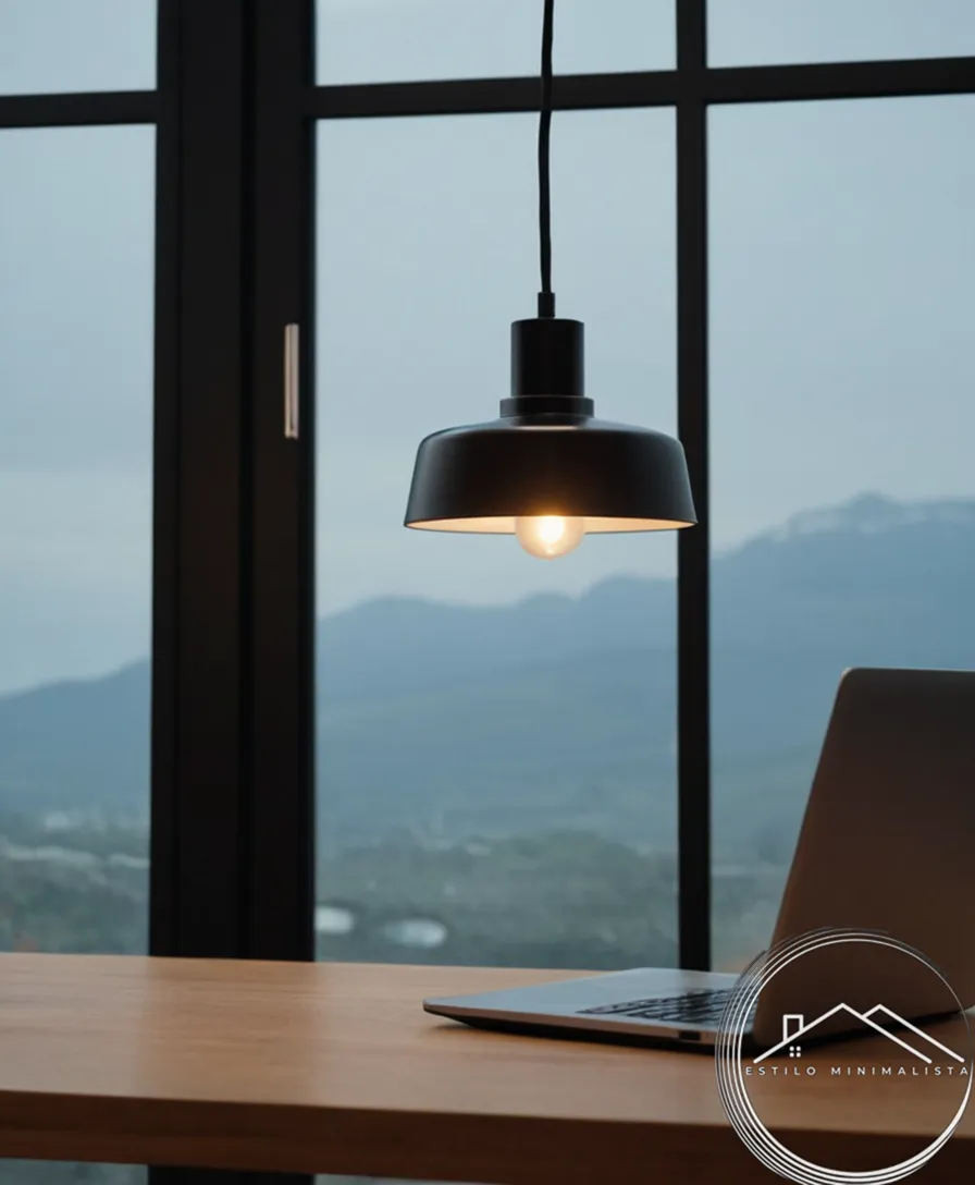 A minimalist metal black pendant lamp product and a shopping laptop.