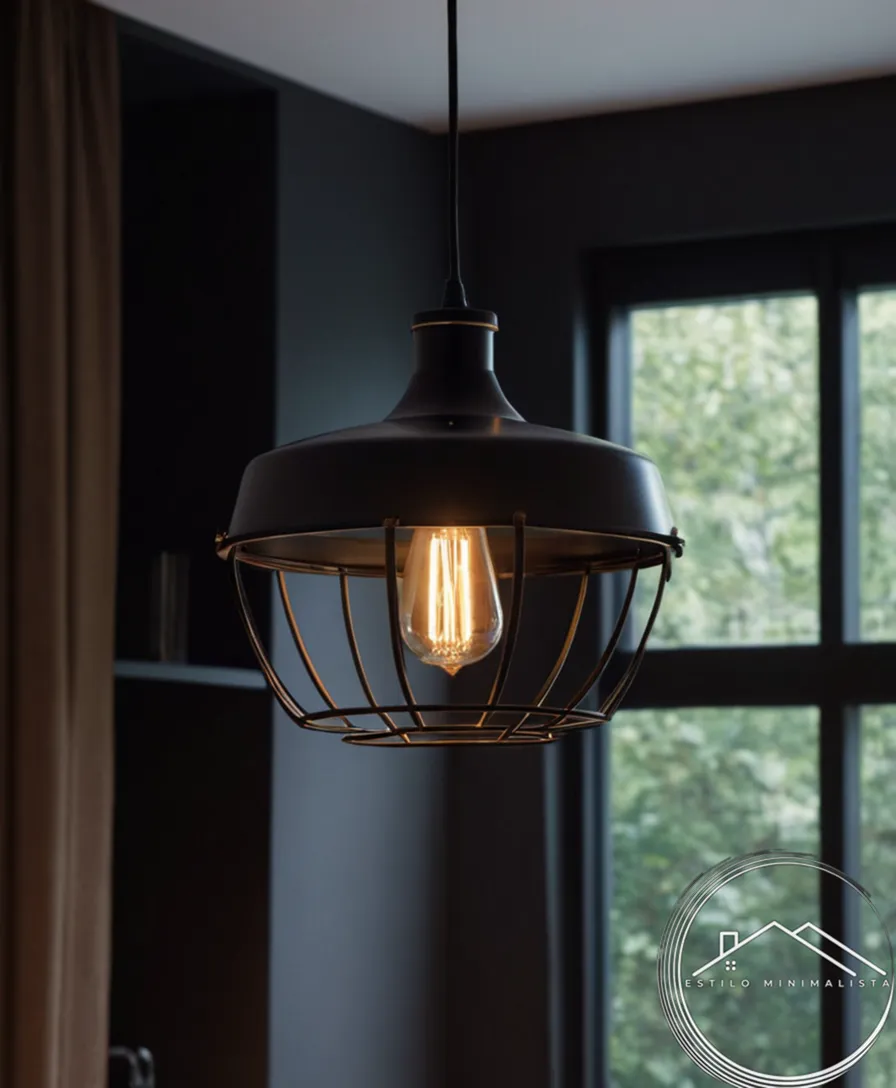 A minimalist metal black pendant lamp in a stylish home setting.