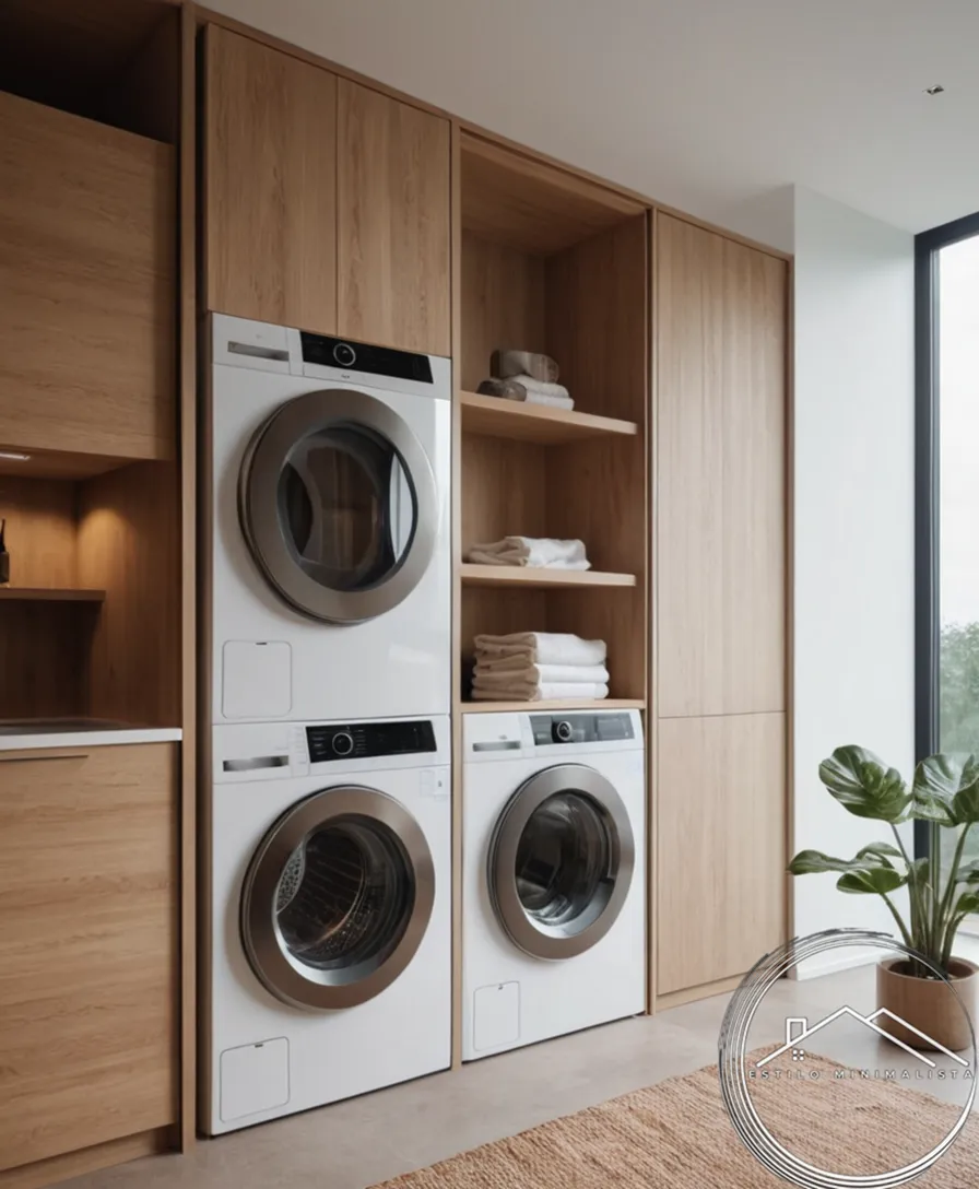 A sleek, vertically-oriented laundry unit in a modern minimalist home.