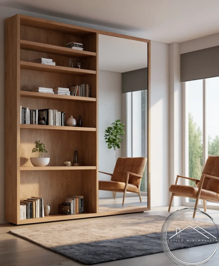 A minimalist bookshelf with large mirror, doubling living space.