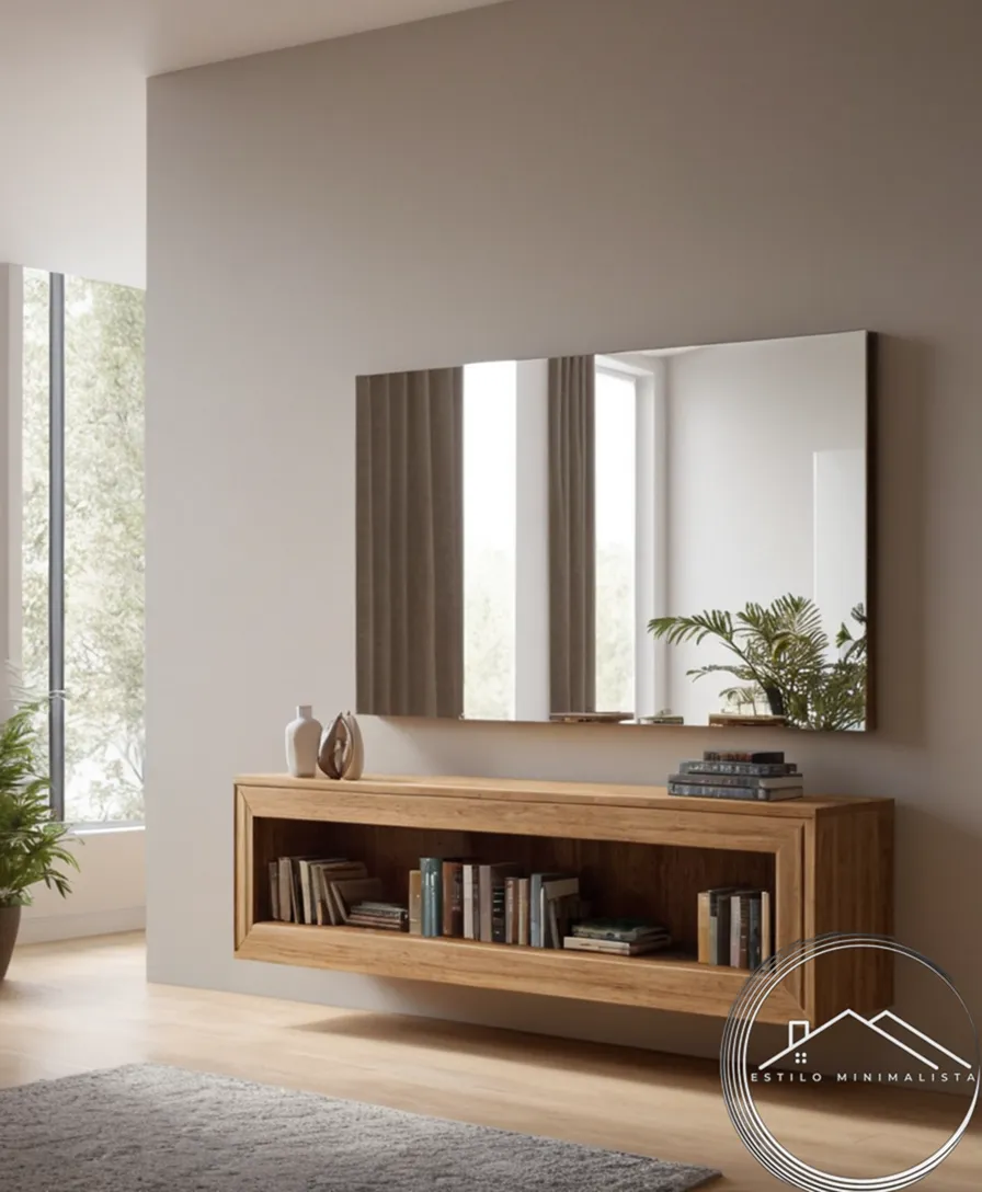 A minimalist bookshelf with mirror doubling available space and style.