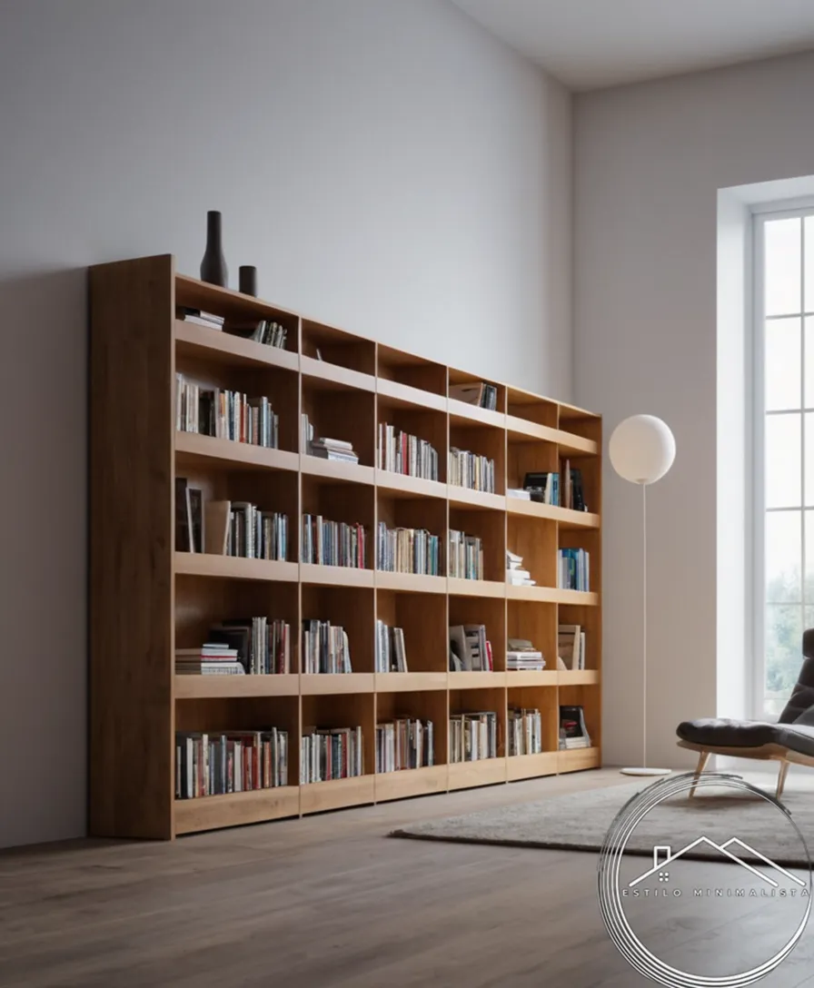 A minimalist bookshelf in a modern, stylish room.