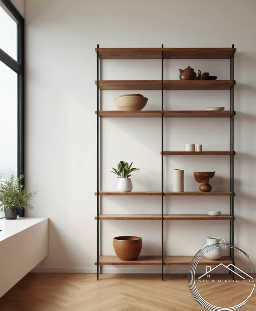A minimalist shelving unit against a clean, neutral background.