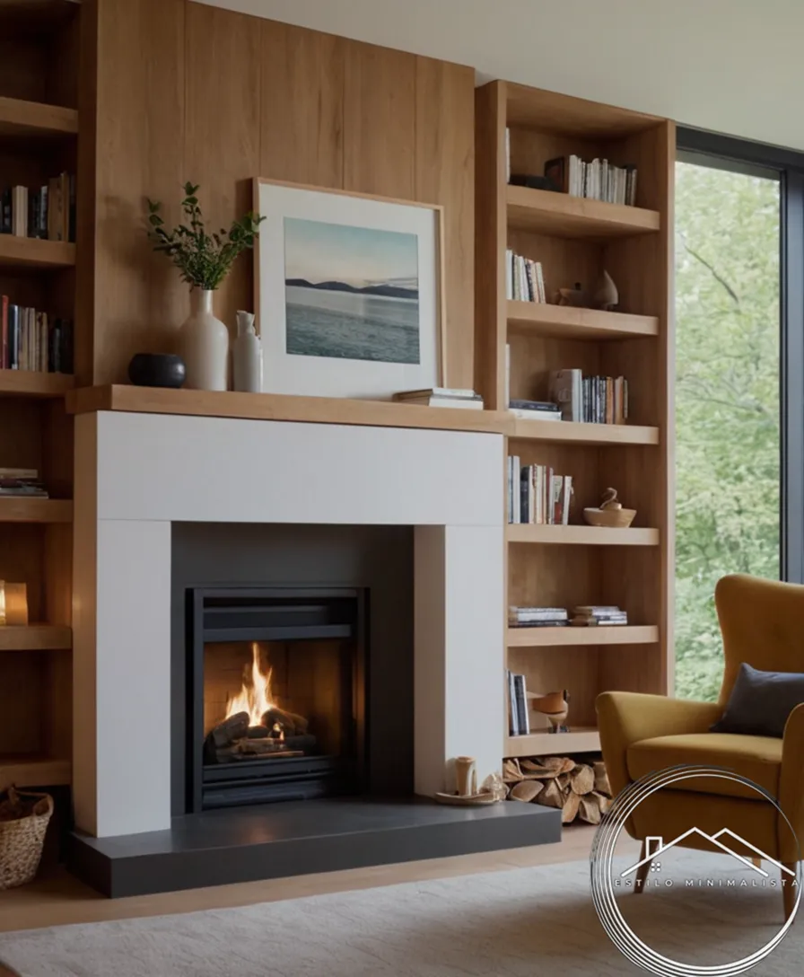 A minimalist bookshelf against a cozy living room fireplace setup.