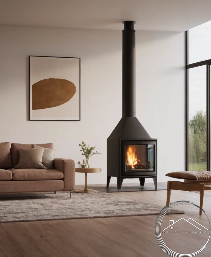 A minimalist living room with a simple chimney.