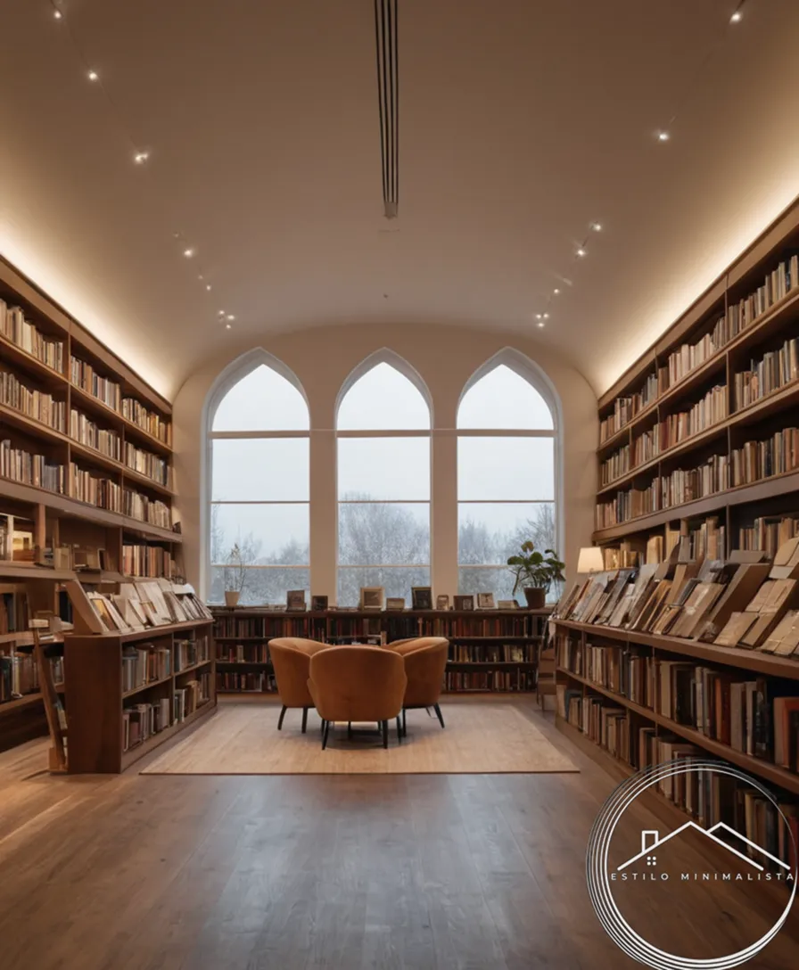 A minimalist bookstore or interior design with natural tones.