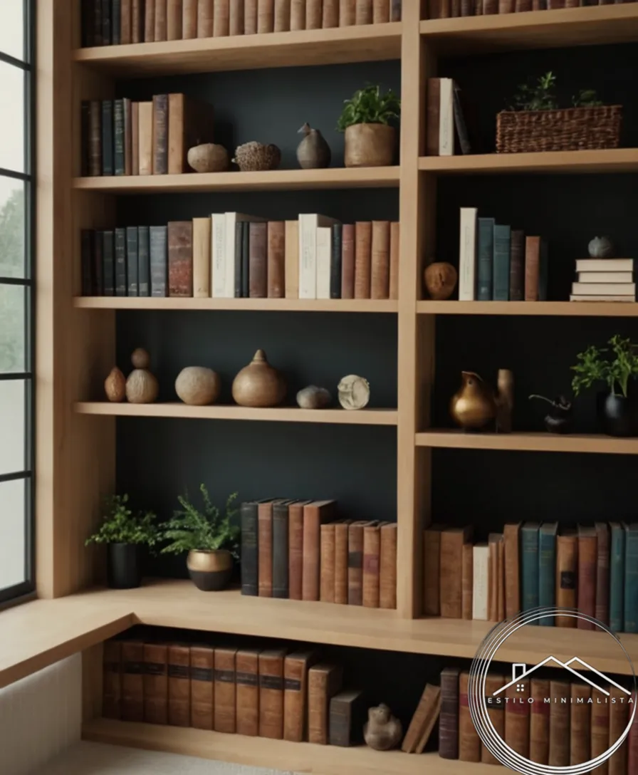 minimalist bookshelves or a tidy home library with simple decorations.