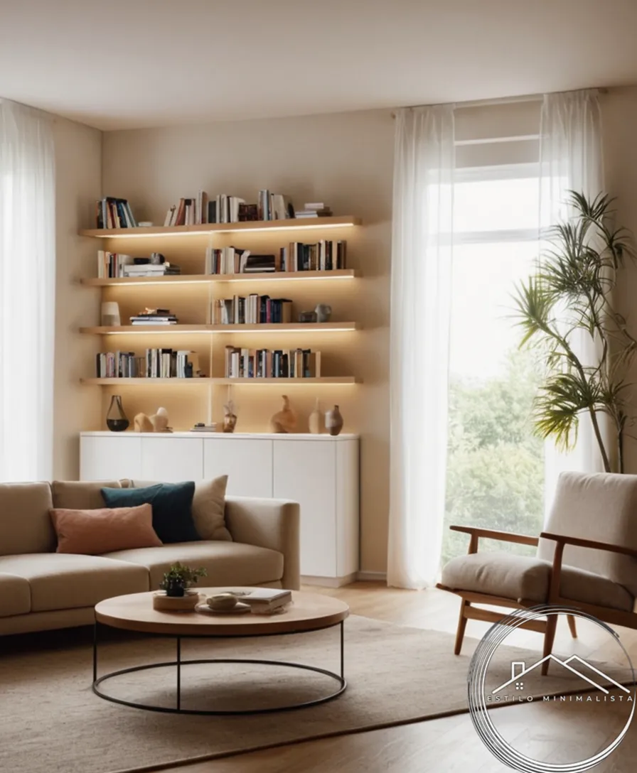 Simple, minimalist bookshelves and a peaceful living room setting.