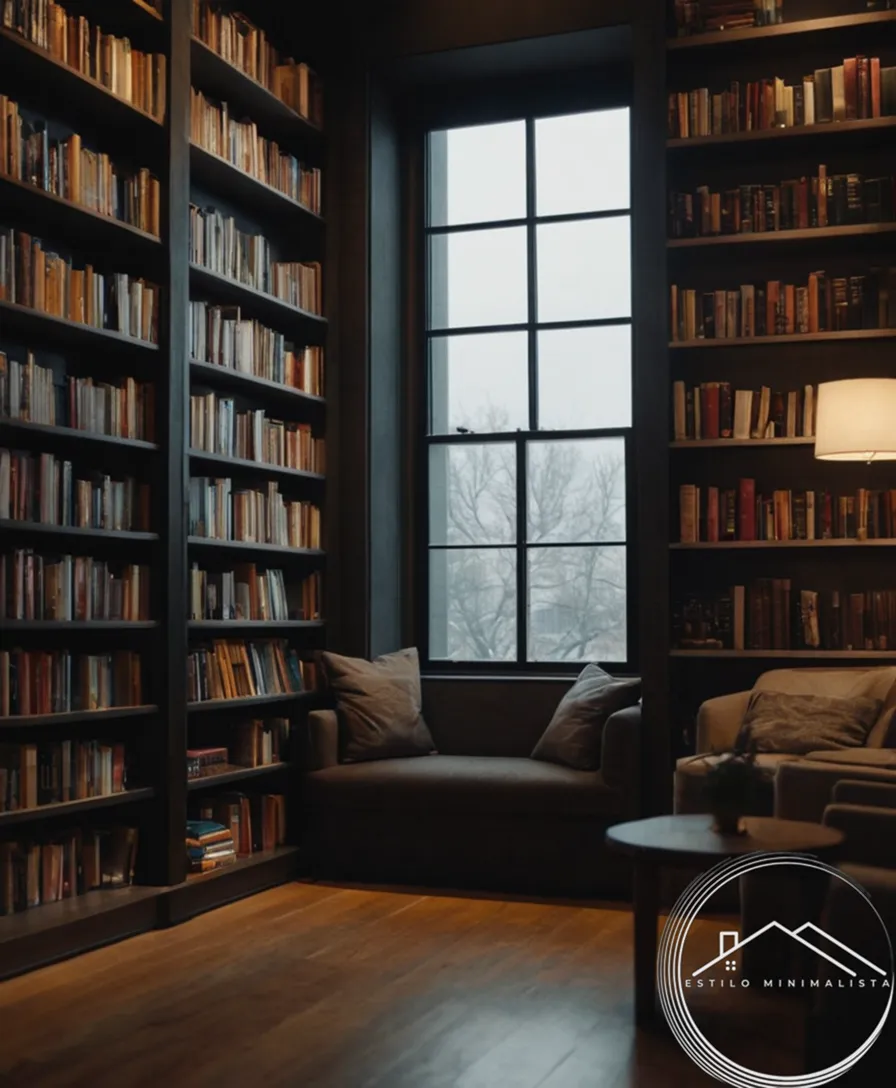 Minimalist bookstore shelves and cozy reading nooks.