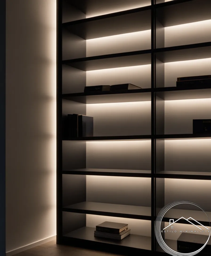 3 sleek, minimalist black bookshelves in a dimly lit space.