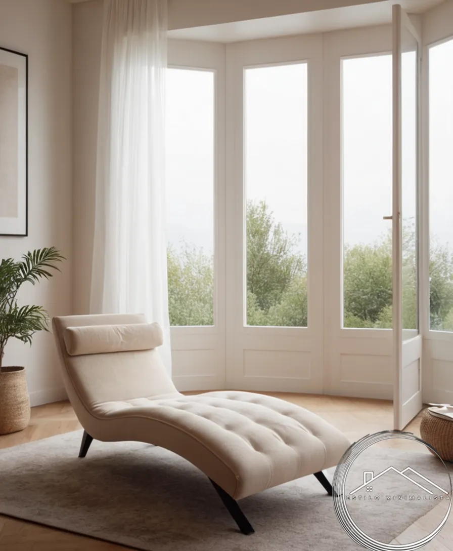 A minimalist living room with a clean Chaise Longue.