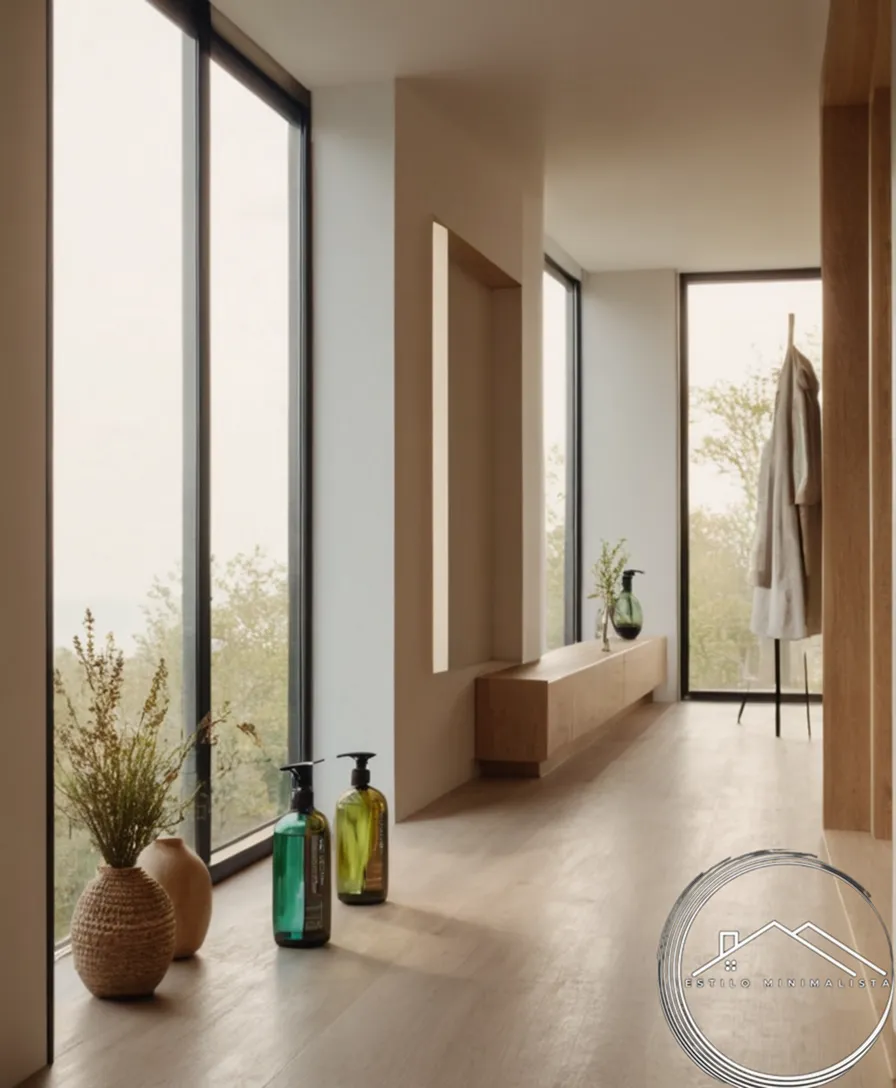 A minimalist hallway with eco-friendly cleaning products on display.