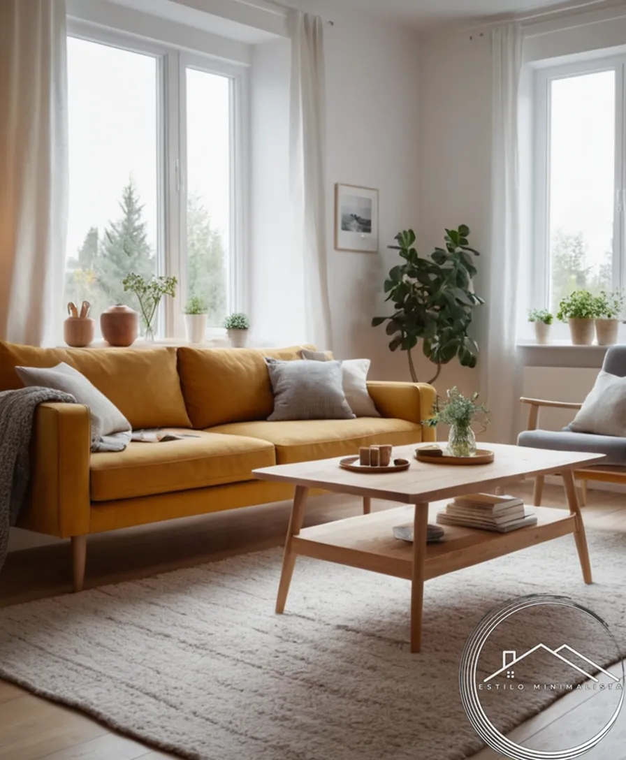 A cozy Scandinavian-style living room, warmly lit and minimalist.
