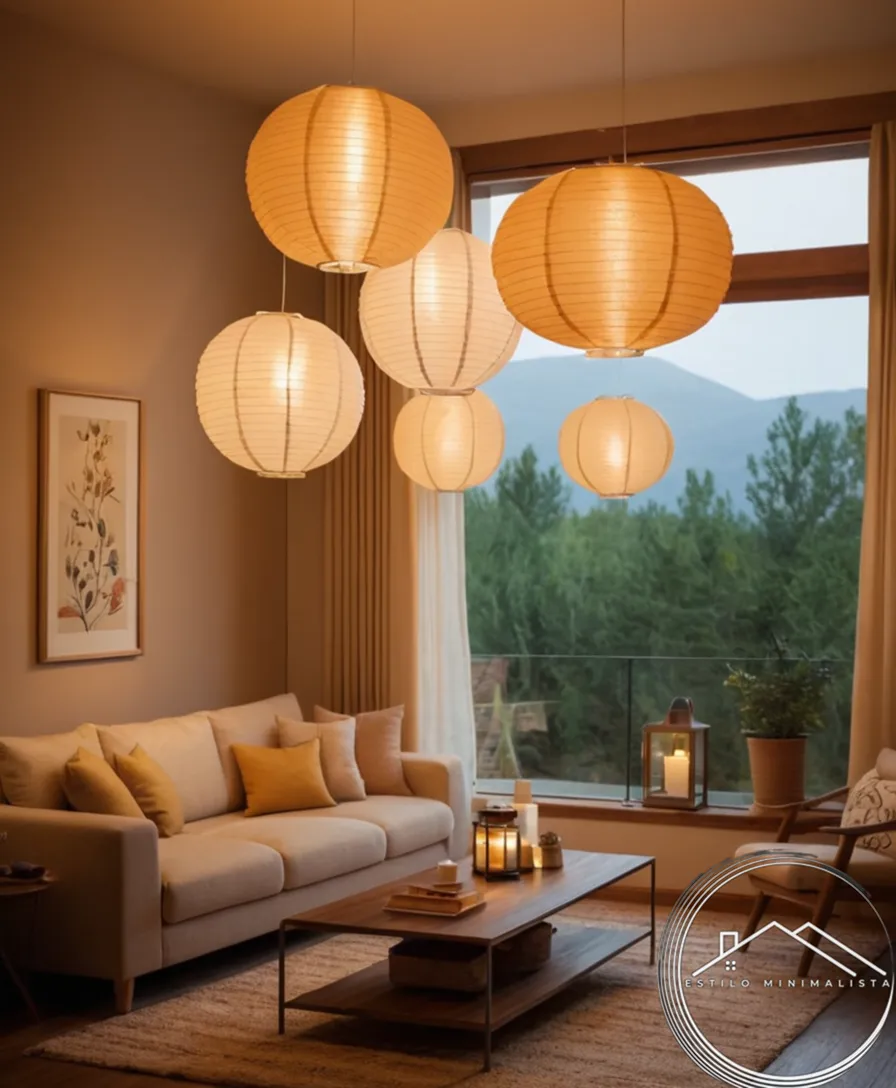 3D paper lanterns suspended above an inviting, warm living room setting.