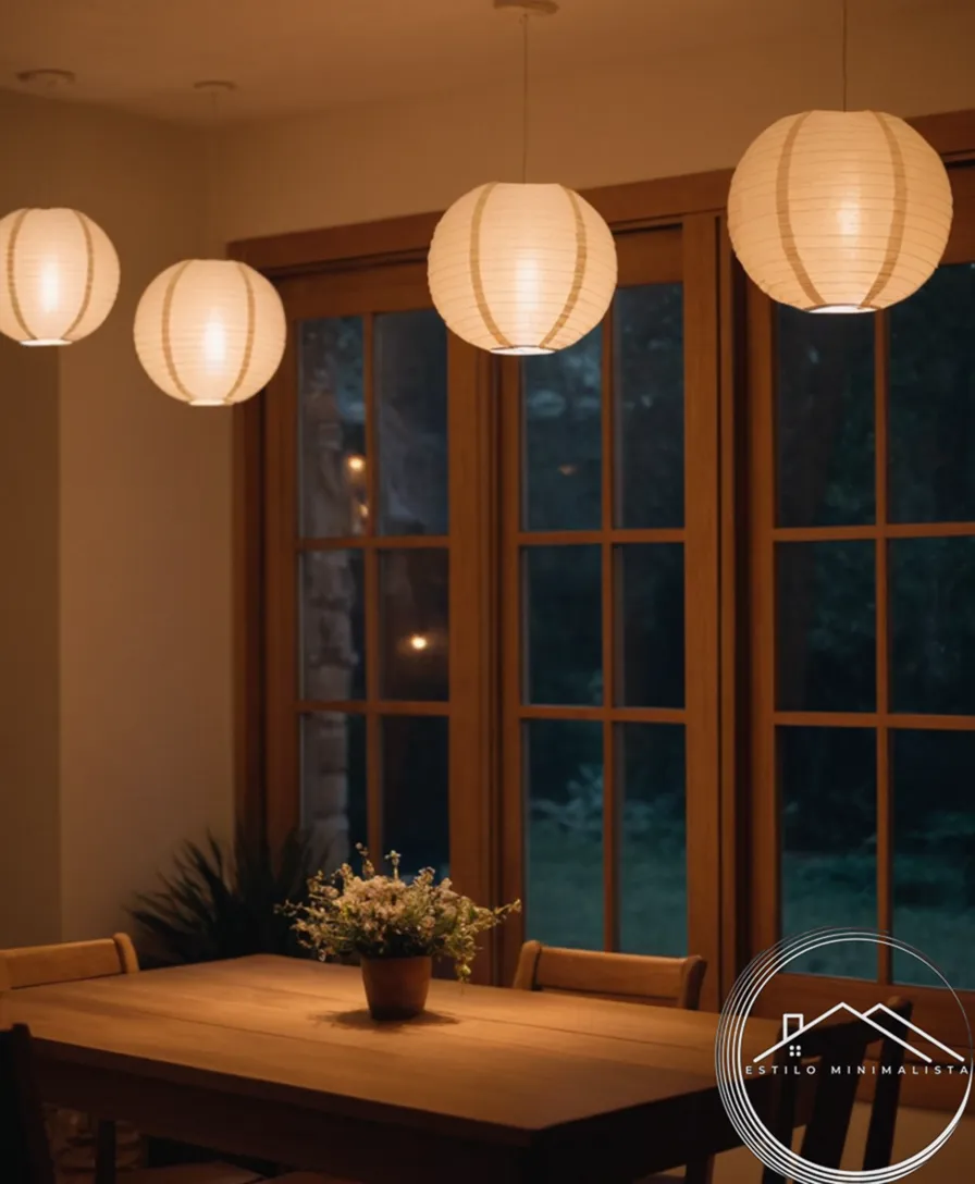 A beautiful, cozy home lit with minimalist hanging paper lanterns.