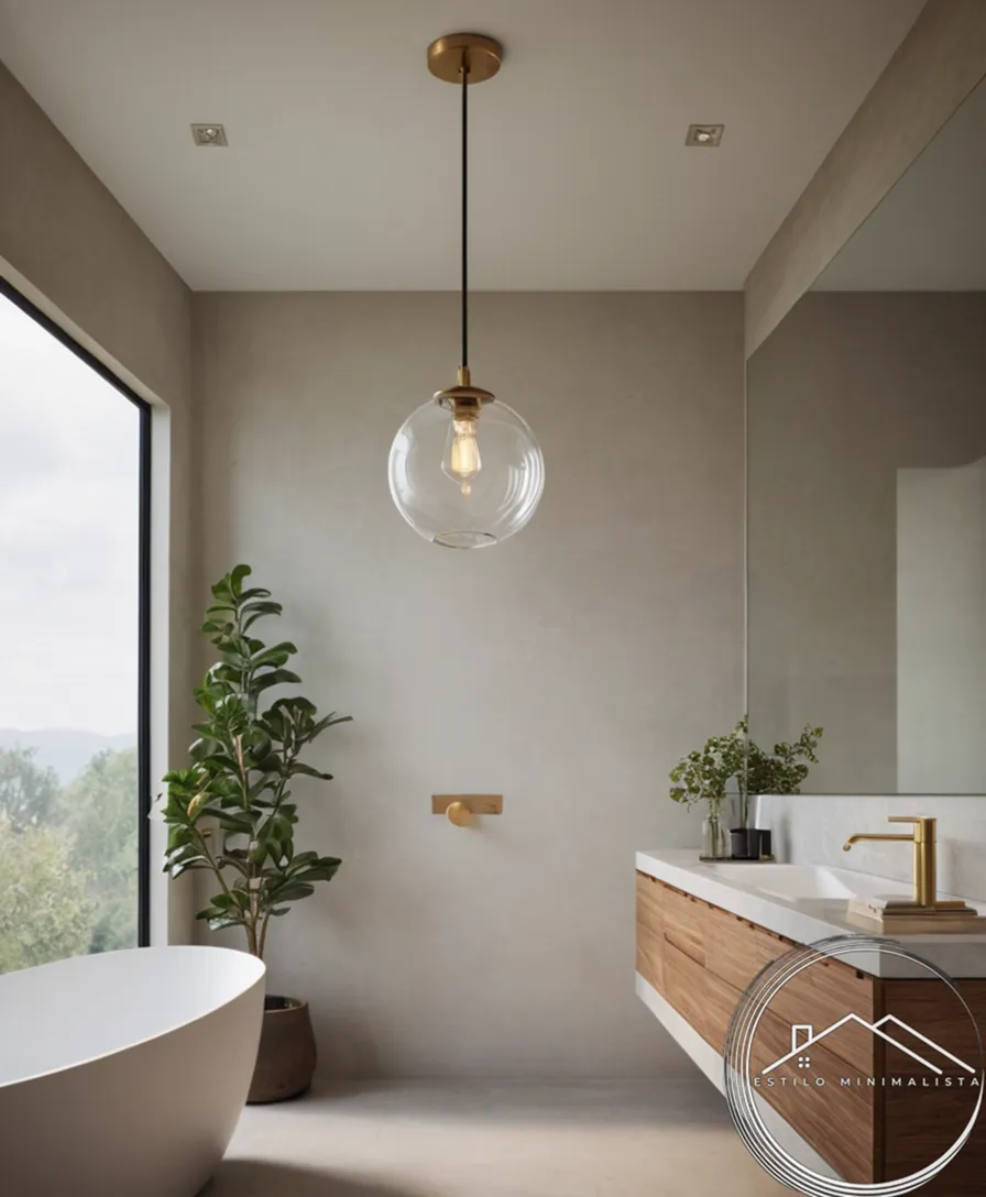 A minimalist glass pendant light hung over a modern bathroom.