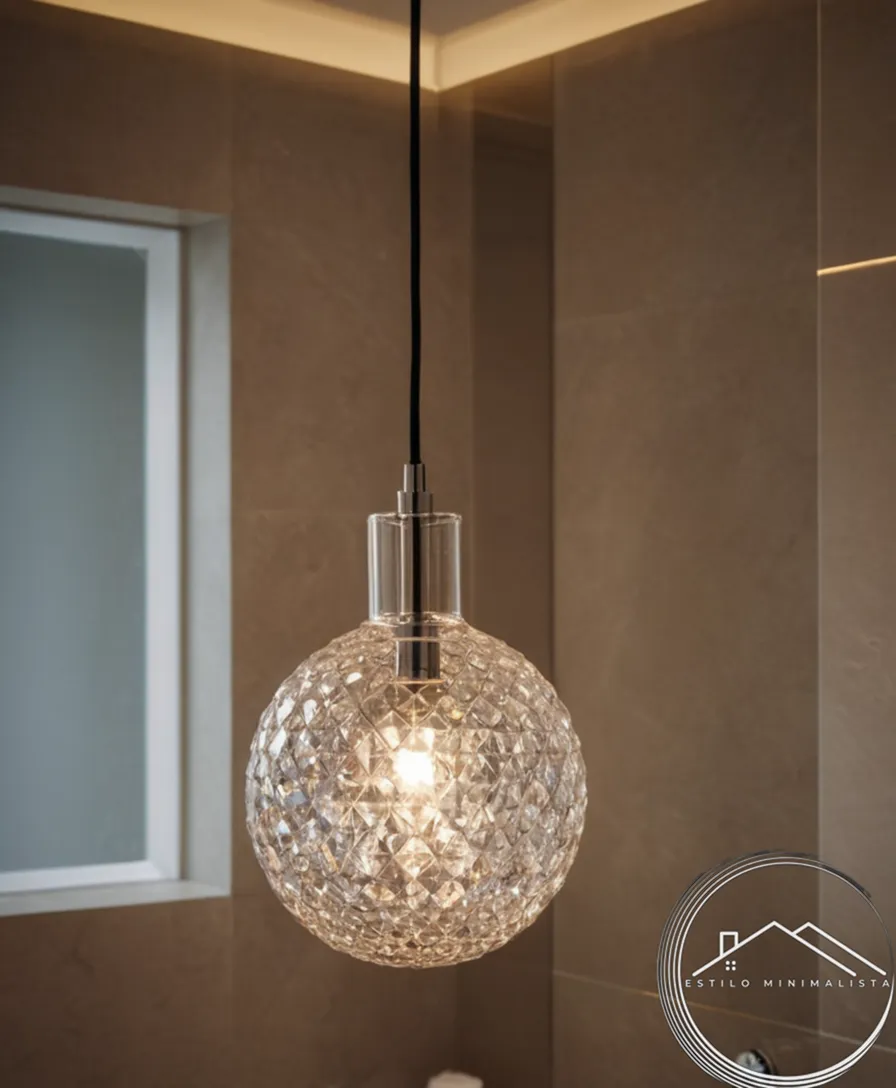 A minimalist, crystal transparent pendant lamp in a stylish bathroom.