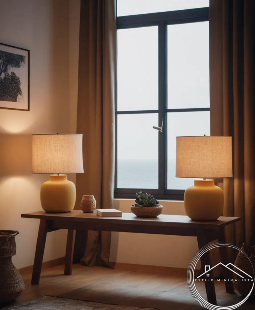 A minimalist room with riatan lamps and decor.