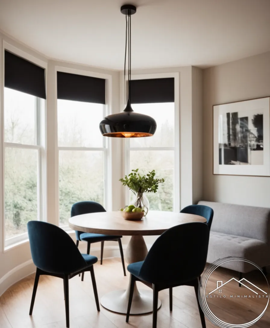 3 stylish dinettes with black minimalist suspension lamps upstairs.