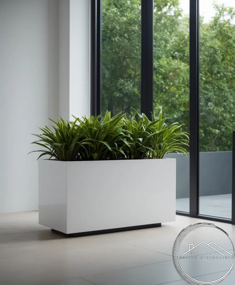 Minimally designed planters in various settings, emphasizing sleek design and plants.