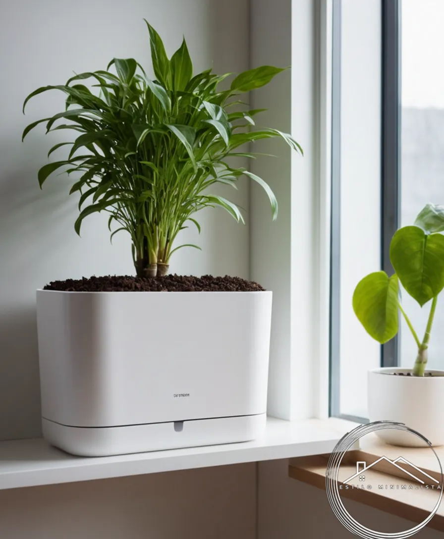 A minimalist self-watering planter on a clean and modern shelf.