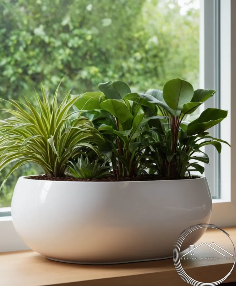 A minimalist planter surrounded by calming, lush green plants.