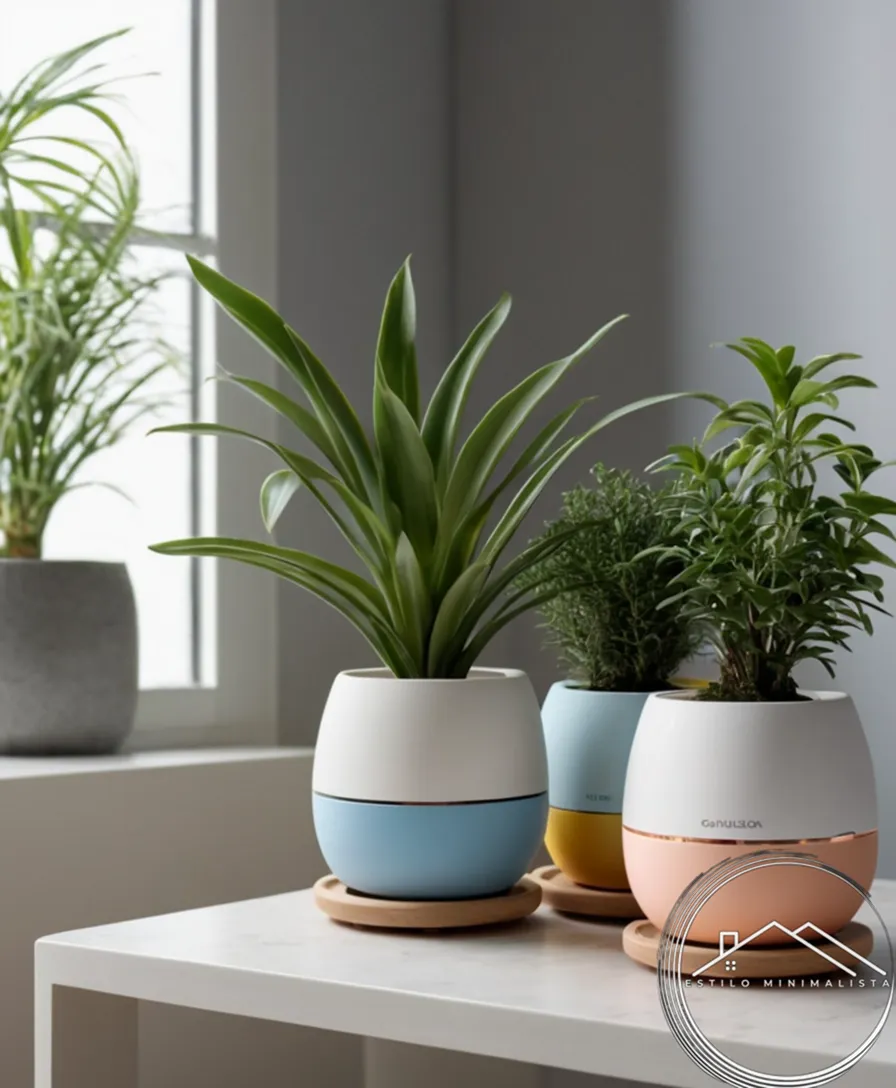 Minimalist plant pots with calming essential oil diffusers in a serene setting.