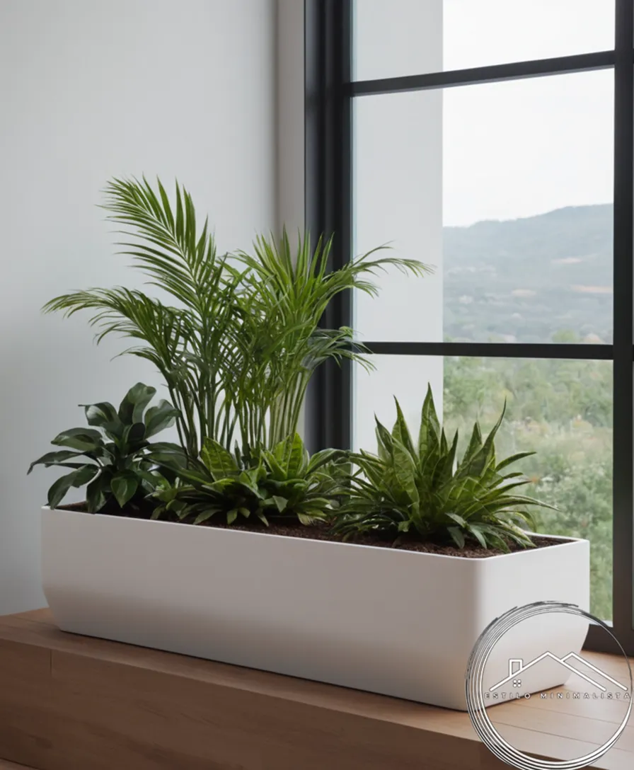 2 minimalist planters with healthy plants, showcasing proper drainage.