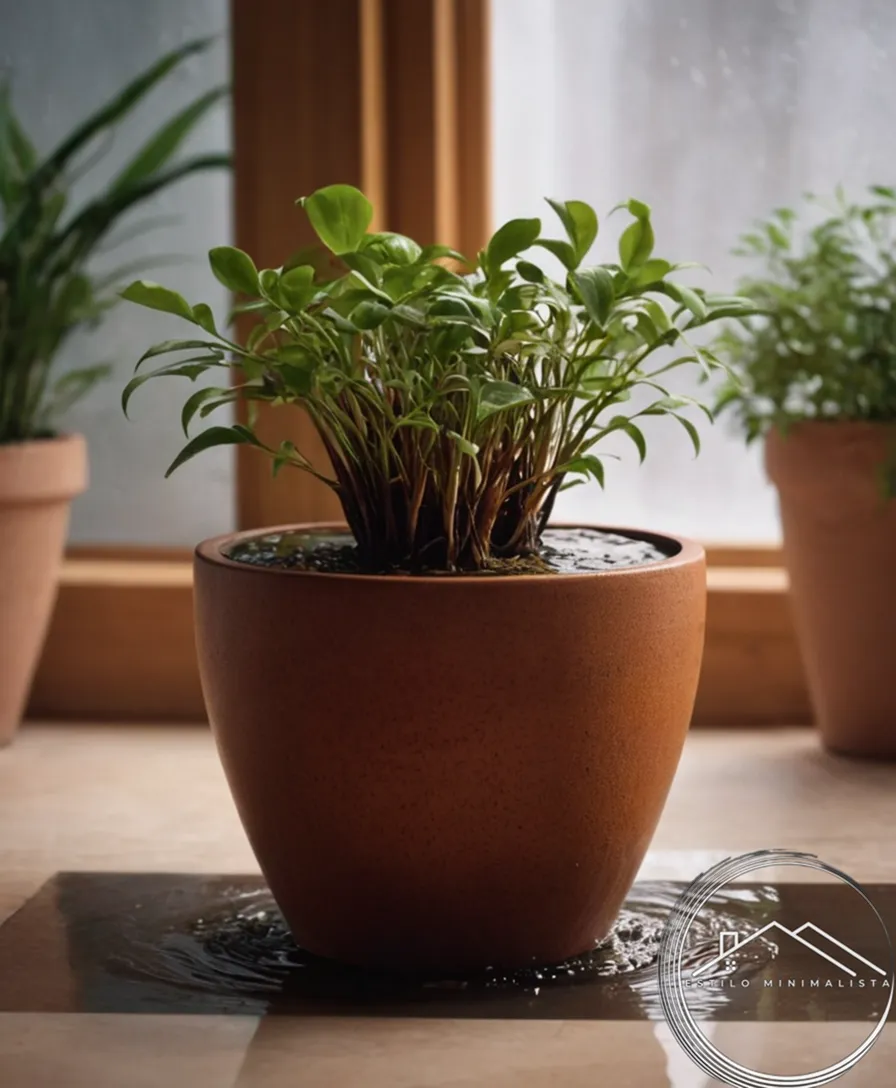A minimalist plant pot overflowing with water, with roots exposed.