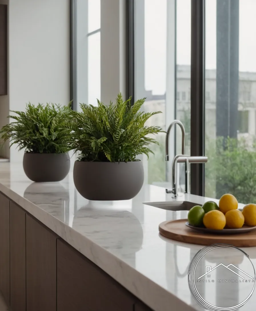 Sleek, minimalist planters on kitchen countertops amidst modern decor.