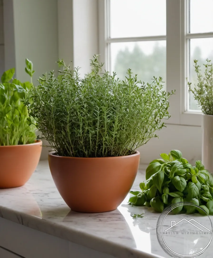 Simple macetás filled with fresh herbs on a minimalist kitchen countertop.
