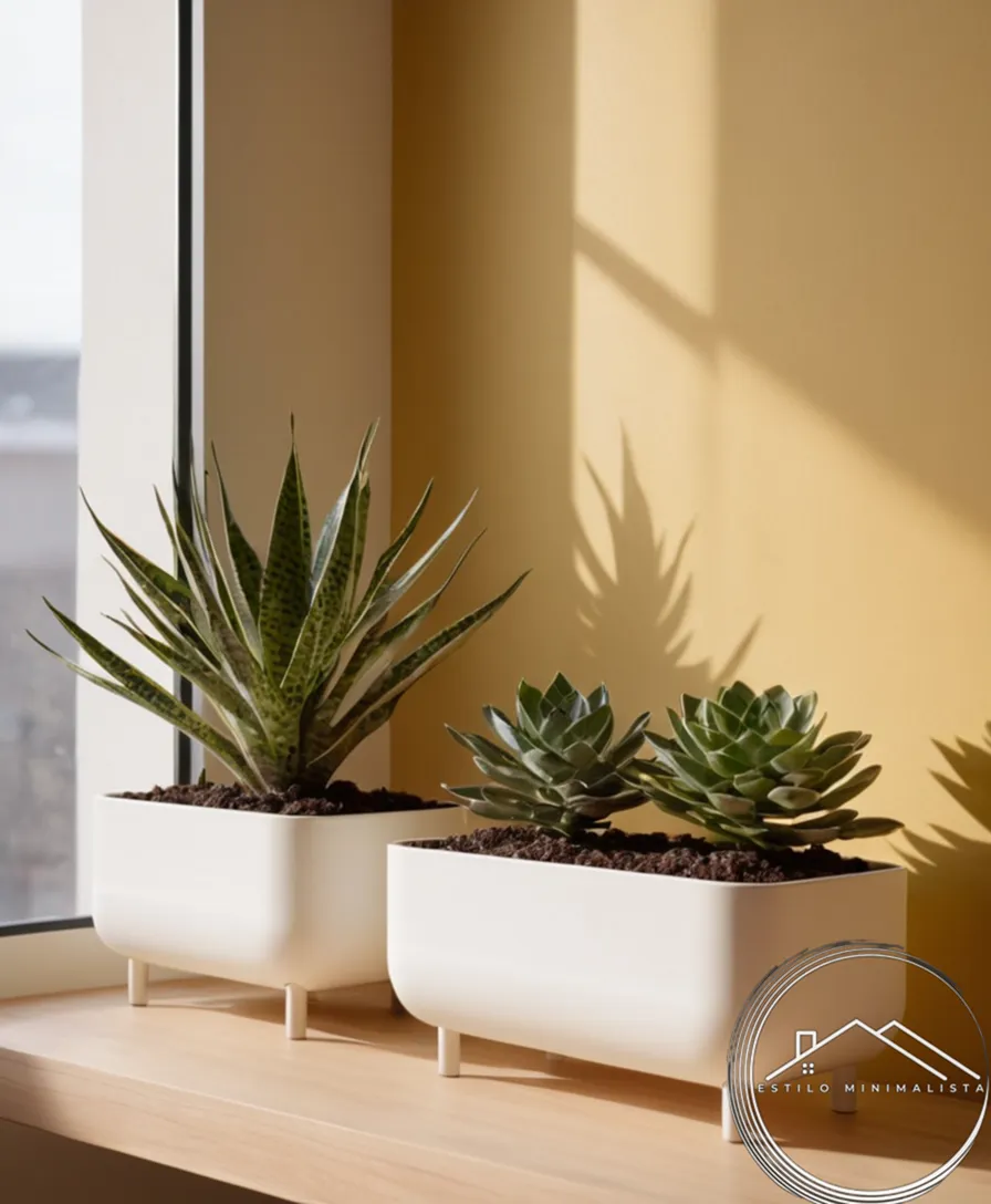 3-4 minimalist planters on a simple, modern shelf together.