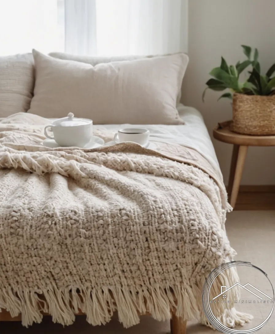 a cozy, minimalist fringed blanket laid out on a warm bed.