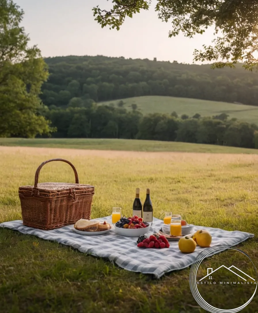 A minimalist-themed picnic setup in a beautiful outdoor landscape.